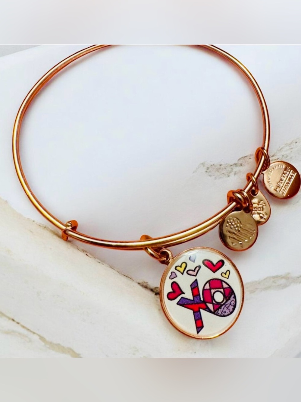 Rose Gold Charm Bangle Bracelet with Colorful 'XO' Heart Charm